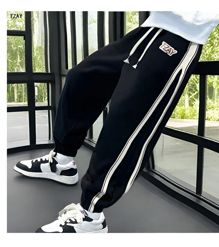 Lose geschnittene Sport-Hosen für Teenager-Jungen mit Seitenstreifen, hochwertige Kinder-Frühlings-Sweathosen, schmal geschnittene Kinderhosen, Größe 5 7 9 13 14 – Detail 6