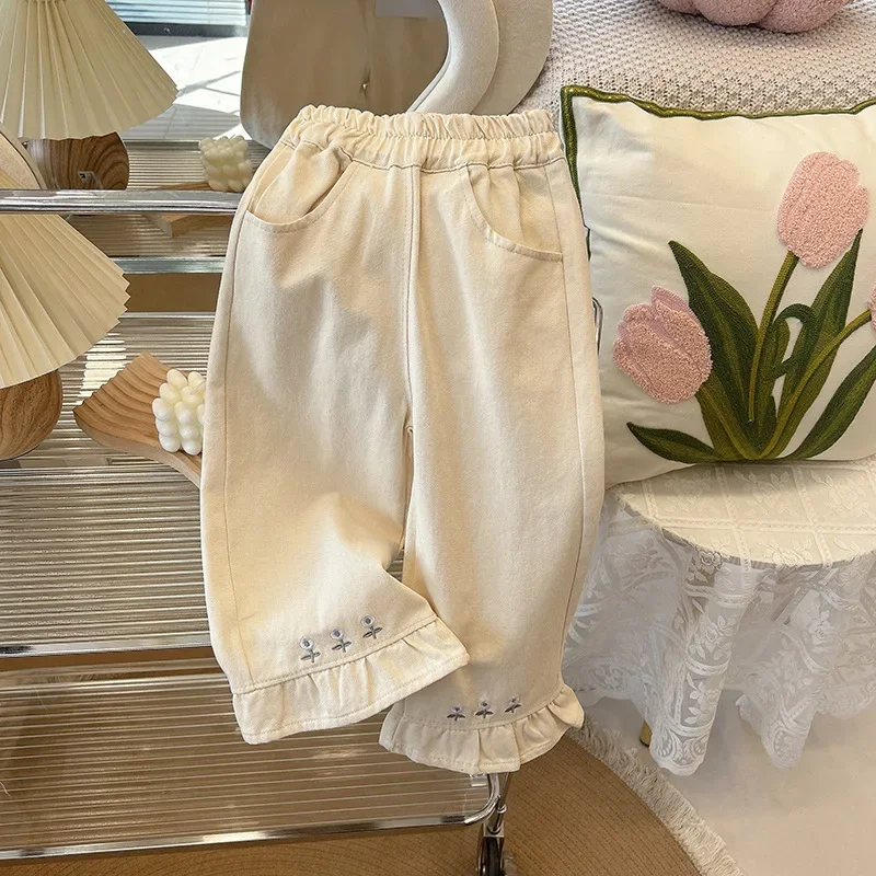Koreanischen Stil Mädchen Casual Hosen Lose Breite Bein 9-Punkt Hosen Frühling Herbst Nette Blumen Stickerei Rüschen Manschetten hosen