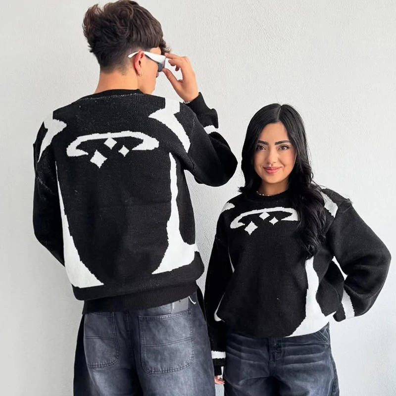 

New Contrast Color Long-sleeved O-neck Knitted Loose Harajuku Pullover Autumn And Winter Oversized Lovers Sweater Retro Pullover