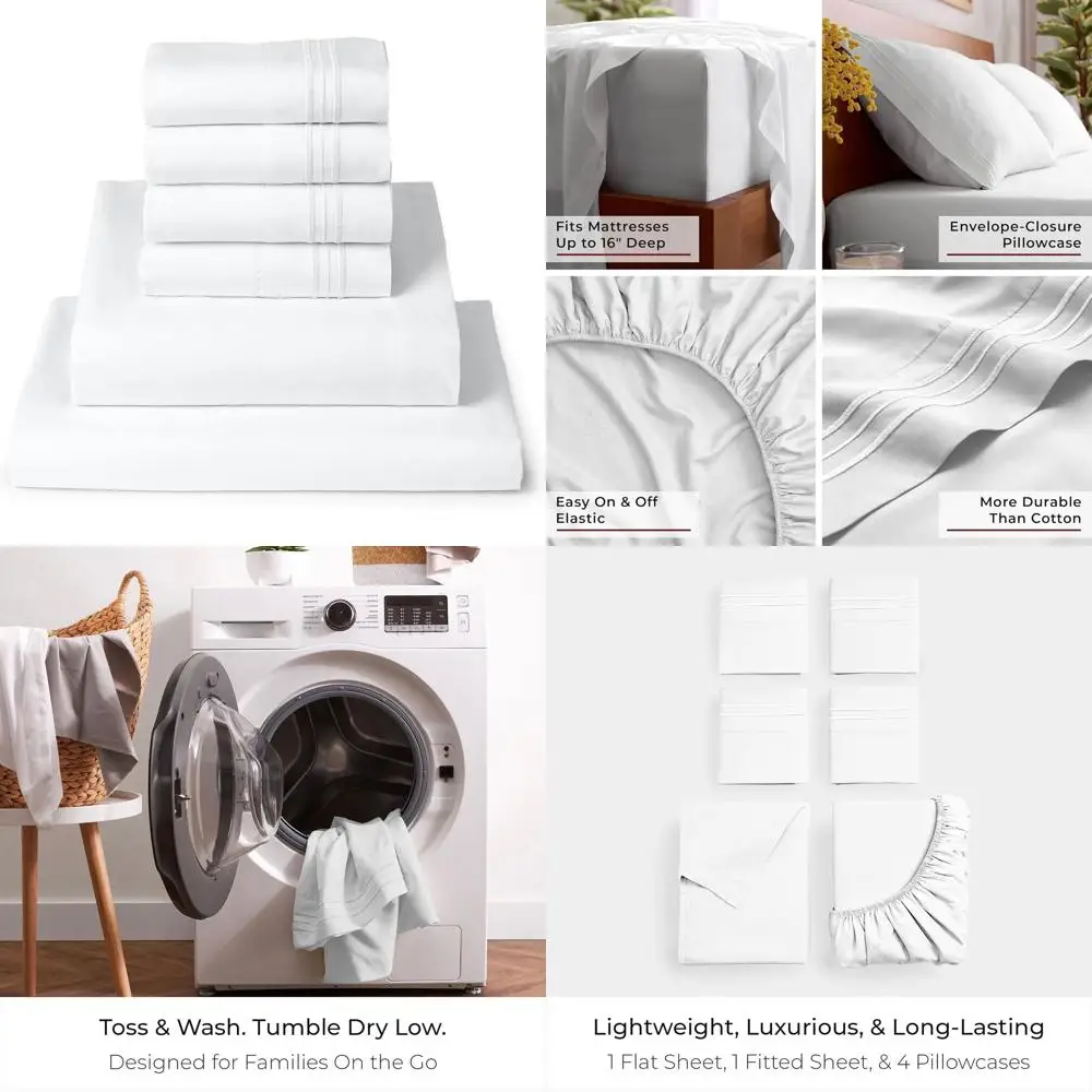 

Iconic 6-Piece Bedding Set with 4 Pillowcases, 16 Pocket, Soft, Cool, Easy Care Brushed Microfiber Sheets - White