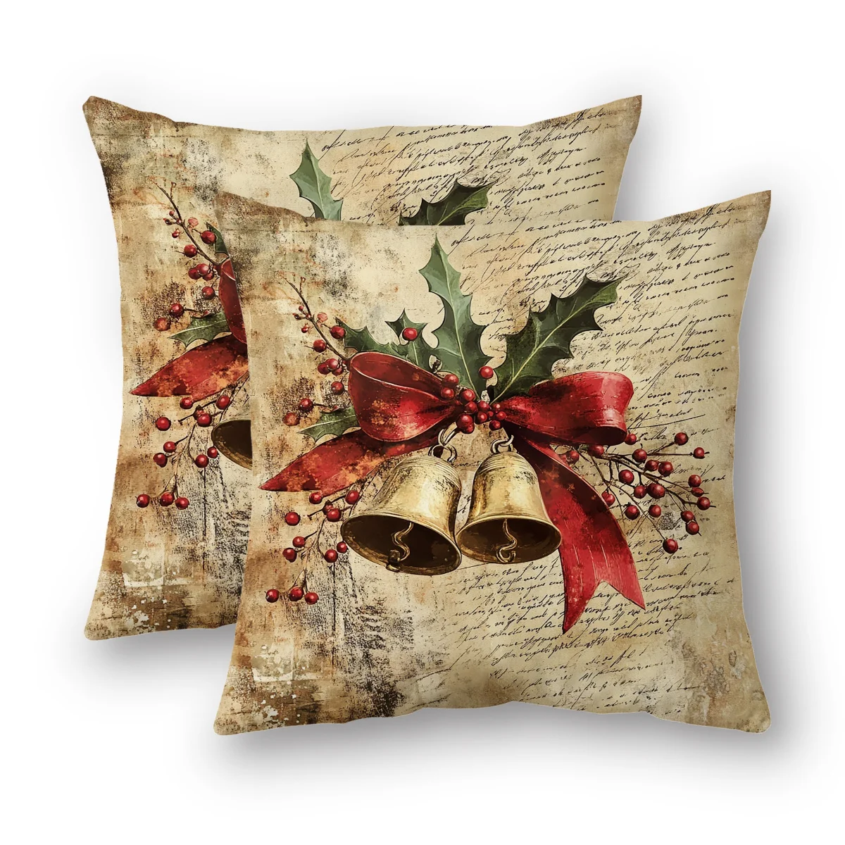 2pcs Vintage Christmas Pillowcases Elegant Beige Red Bells Holly Berry Design with Golden Bows Distressed Texture Polyester