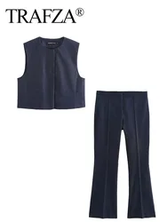 TRAFZA Autumn Suit Woman Trendy Navy Blue O-Neck Sleeveless Single Breasted Waistcoats+Mid-Waist Zipper Long Pants Female Set