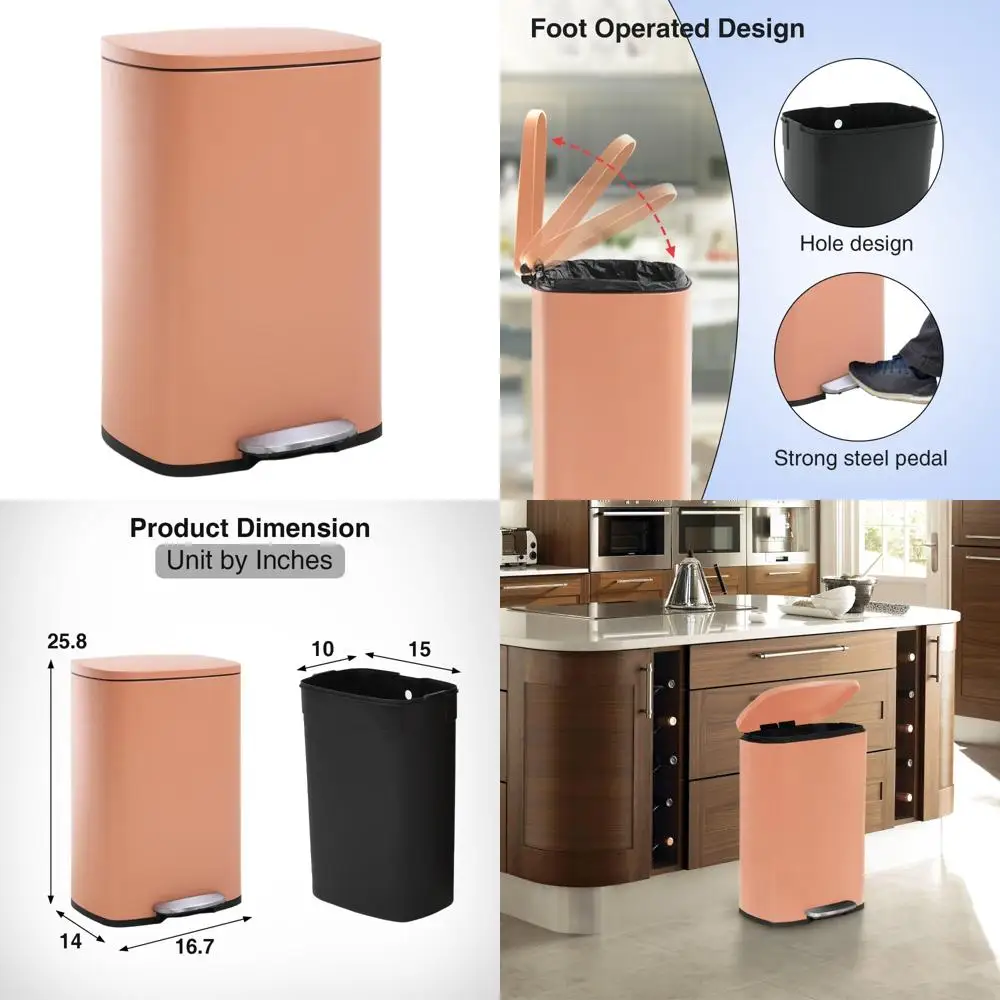 

13 Gallon Kitchen Trash Can 50Liter Garbage Can with Removable Inner Bucket Pedal Soft Close and Stays Open Rubbish Bin Waste Bi
