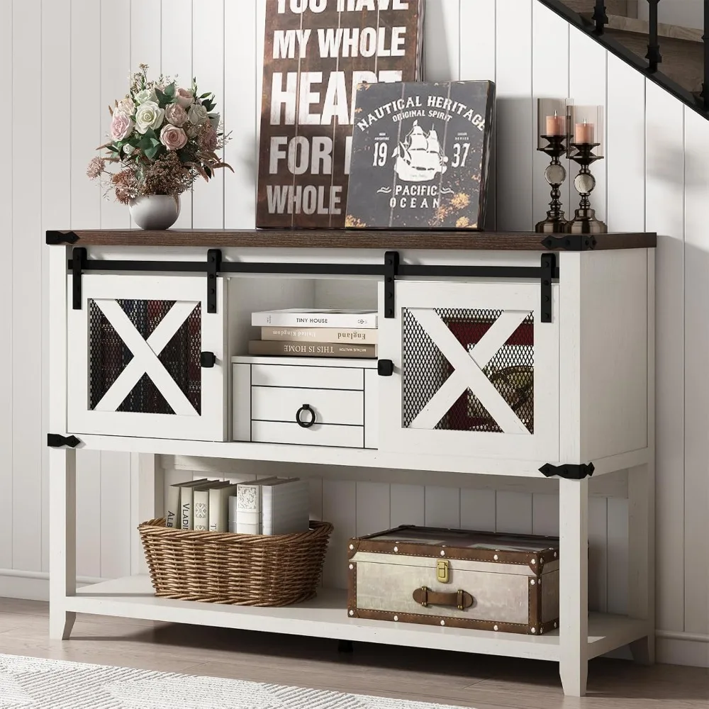 Entryway Table with 2 Sliding Barn Doors & Drawer, Console Tables with Storage, Open Shelf Space, Sofa Table