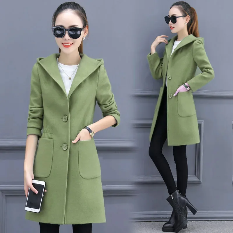 Women Woolen Coat 2024 Spring Autumn Thin Wool Jacket Female Mid length Woolen Coats Ladies Elegant Fashion Hooded Overcoat