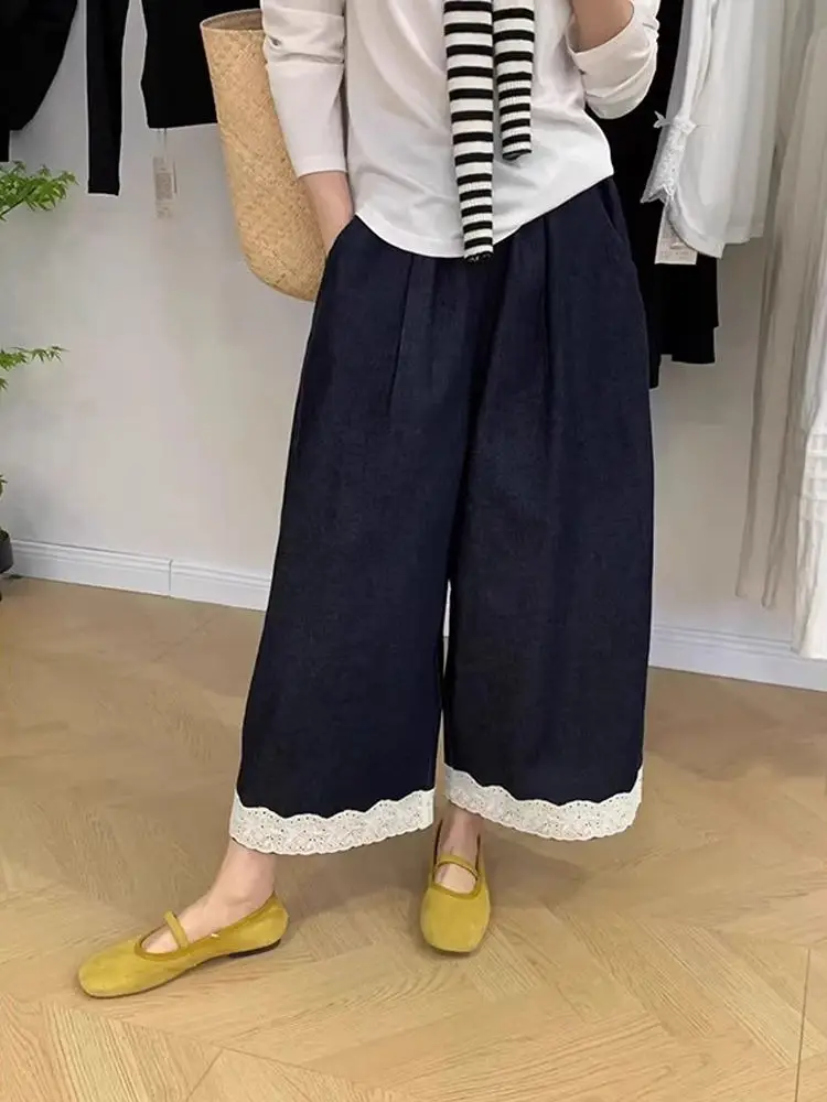 

Летние прямые джинсы с кружевной отделкой, женские свободные джинсы больших размеров, груша ape, утягивающие широкие брюки с высокой талией, девять очков