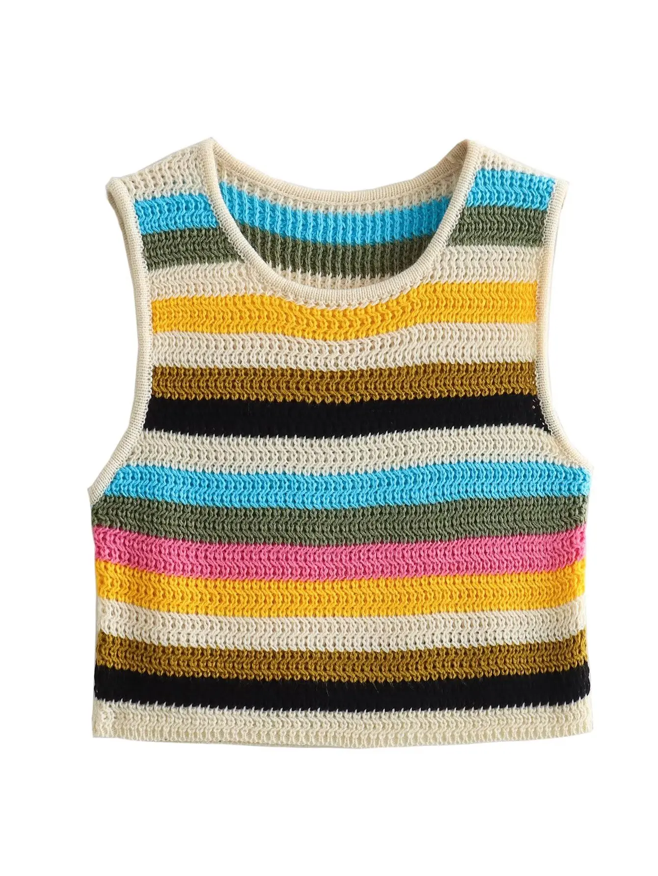 Women\'s Summer Striped V-Neck Sleeveless Sweater In Thin Crochet Fabric Rainbow Striped Ultra Short Mini Vest Crew Neck Pullover