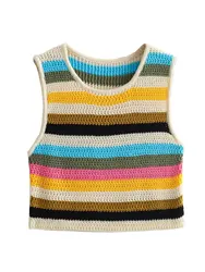 Women's Summer Striped V-Neck Sleeveless Sweater In Thin Crochet Fabric Rainbow Striped Ultra Short Mini Vest Crew Neck Pullover