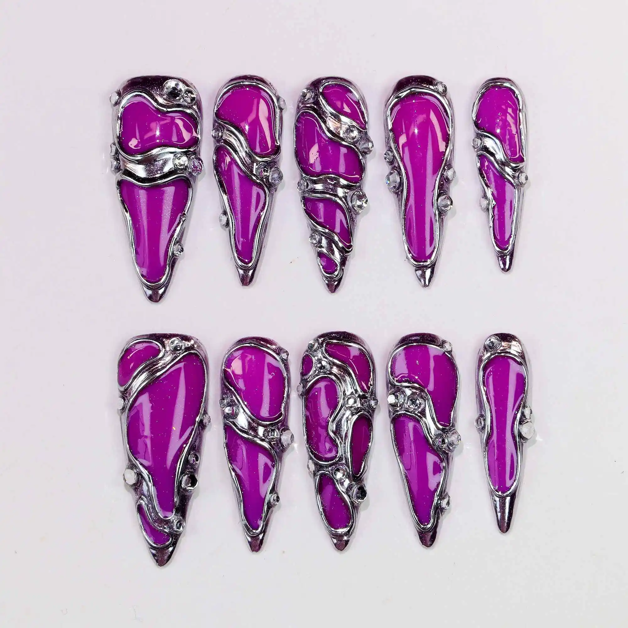 

10Pcs 3D Handmade Long Stiletto Press on Nails Glossy Custom Handpainted Purple Gothic style Nails Suitable for Wedding Events