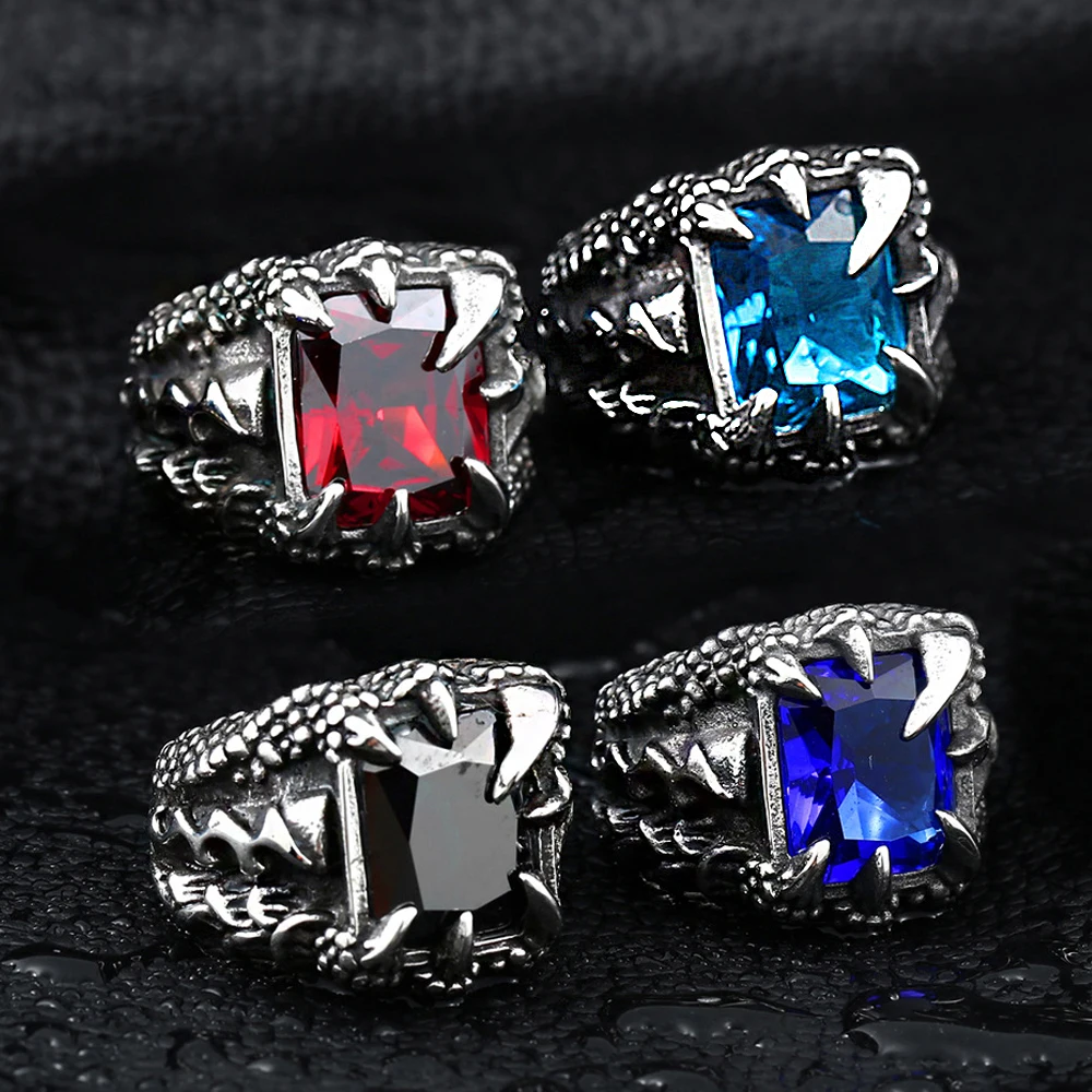 Vintage Viking Nordic Dragon Claw Ring With Blue Stone Crystal Stainless Steel Punk Rock Rings For Men Women Jewelry Wholesale