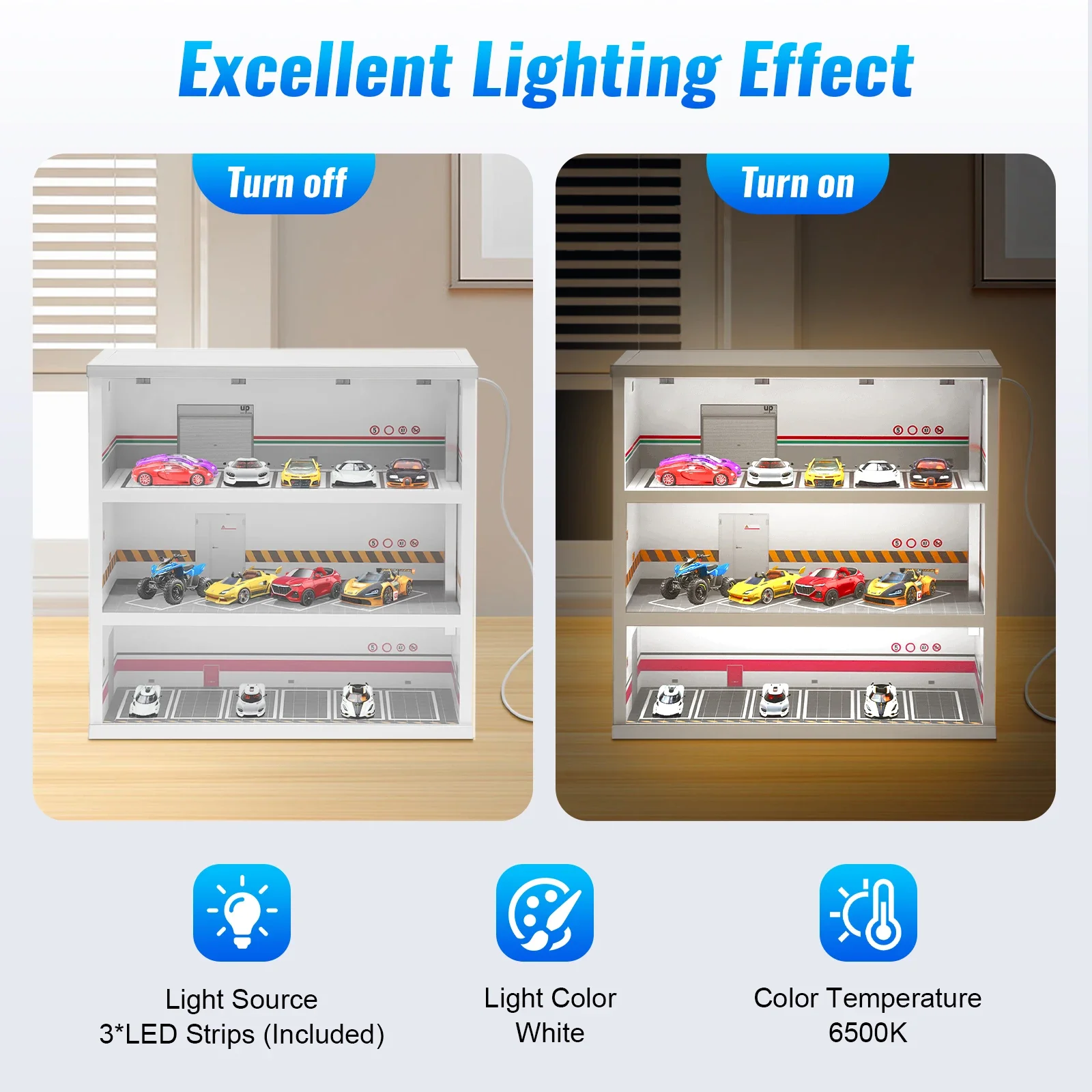 3-Layer Model Car Display Case Garage Display Cabinet 1: 64 Diecast Model Car Display Case W/ LED Light view 2