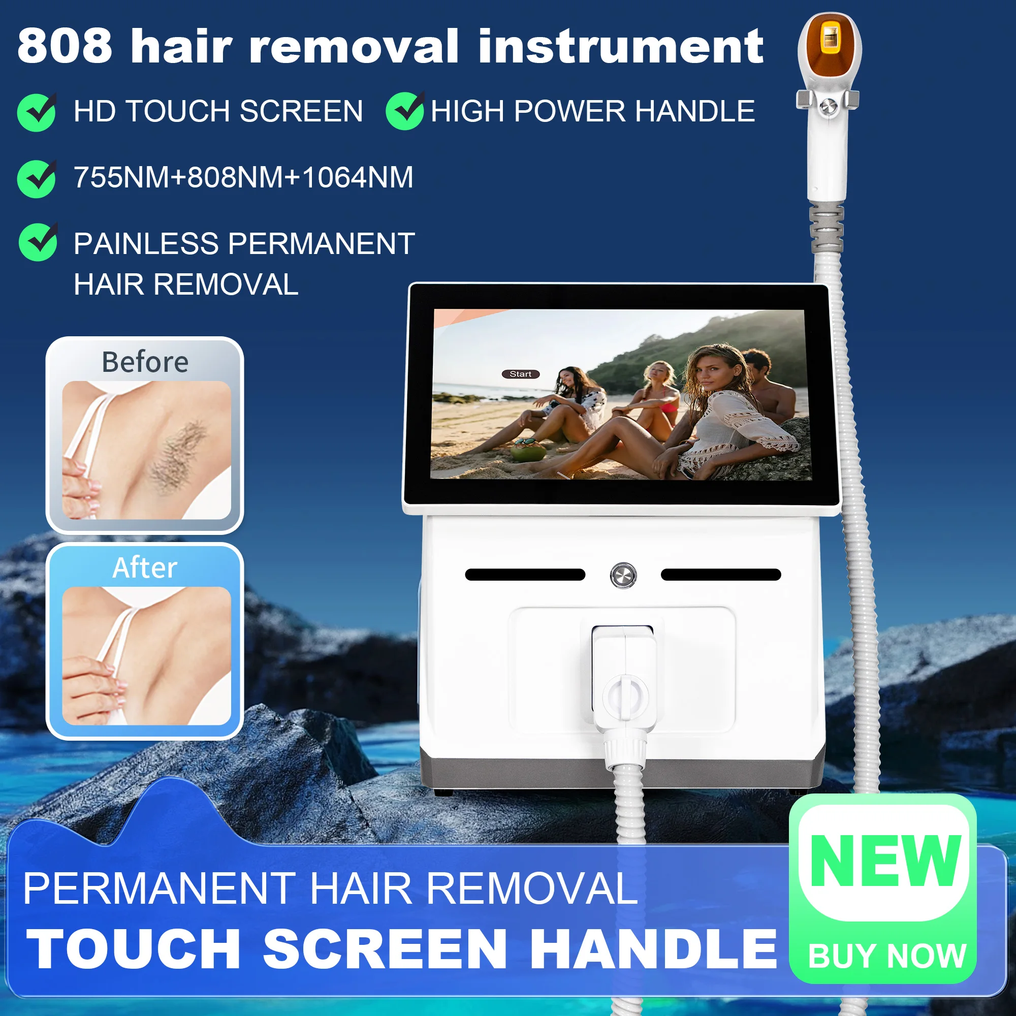 

New Diode Laser Hair Removal Device With 3 Wavelengths 4000W High Power Cooling Handle Painless and Permanent Hair Removal