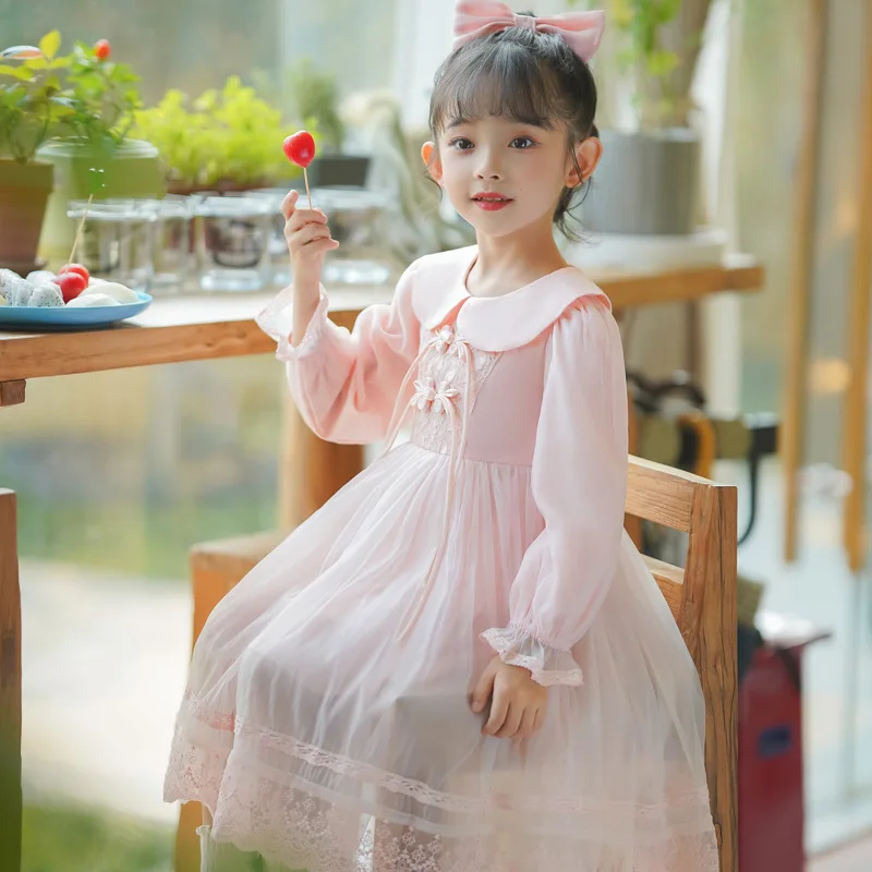 

Girls' Spring Dress New Doll Collar Sweet Princess Dress Stylish Little Girl Mesh Puffy Dress