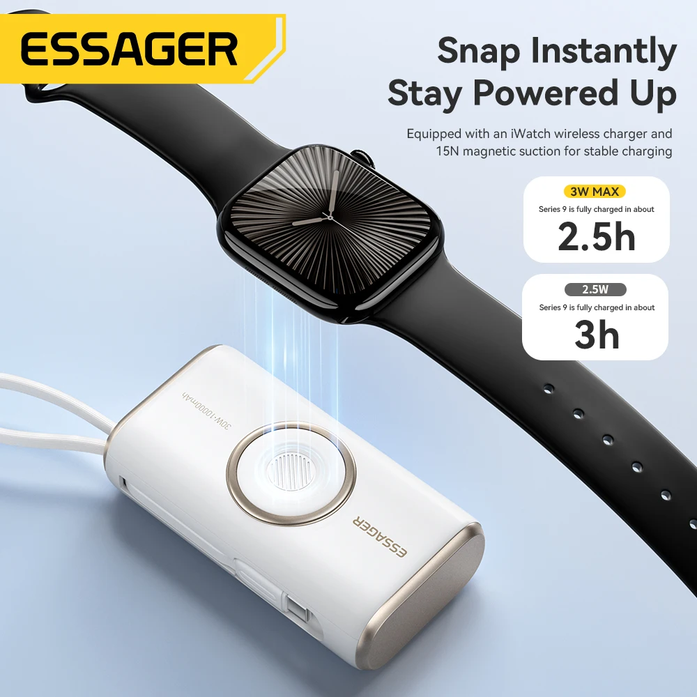 Essager Portable Power Bank 30W 10000mAh With Cable for iPhone 16 15 Xiaomi Wireless Magnetic Charger for Apple Watch Series 9 8