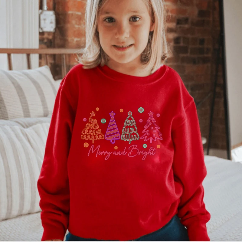 Christmas Tree Merry and Bright Children's Sweatshirt Casual Round Neck Long Sleeve Boys Girls Pullover Kids Xmas Y2K Tracksuit