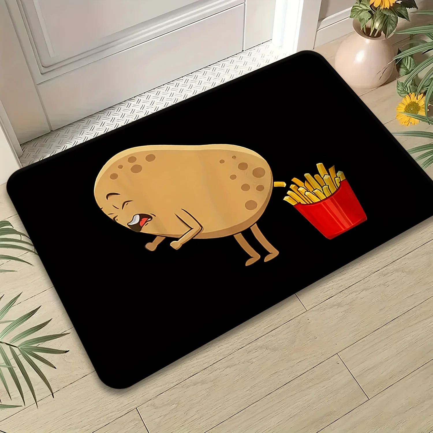 Two D Flat Funny Potato Fries Cartoon Character Black Background Flannel Bath Mat Non Slip Novelty Kitchen Rug For Bathroom
