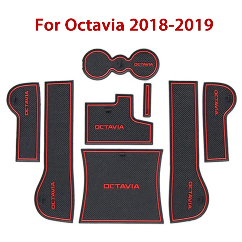 OVERE 1set Car Interior Cup Mat For Skoda Octavia A7 A5 2 3 2007-2015 2016 2017 2018 2019 Door Gate Slot Pad Storage Box Mat