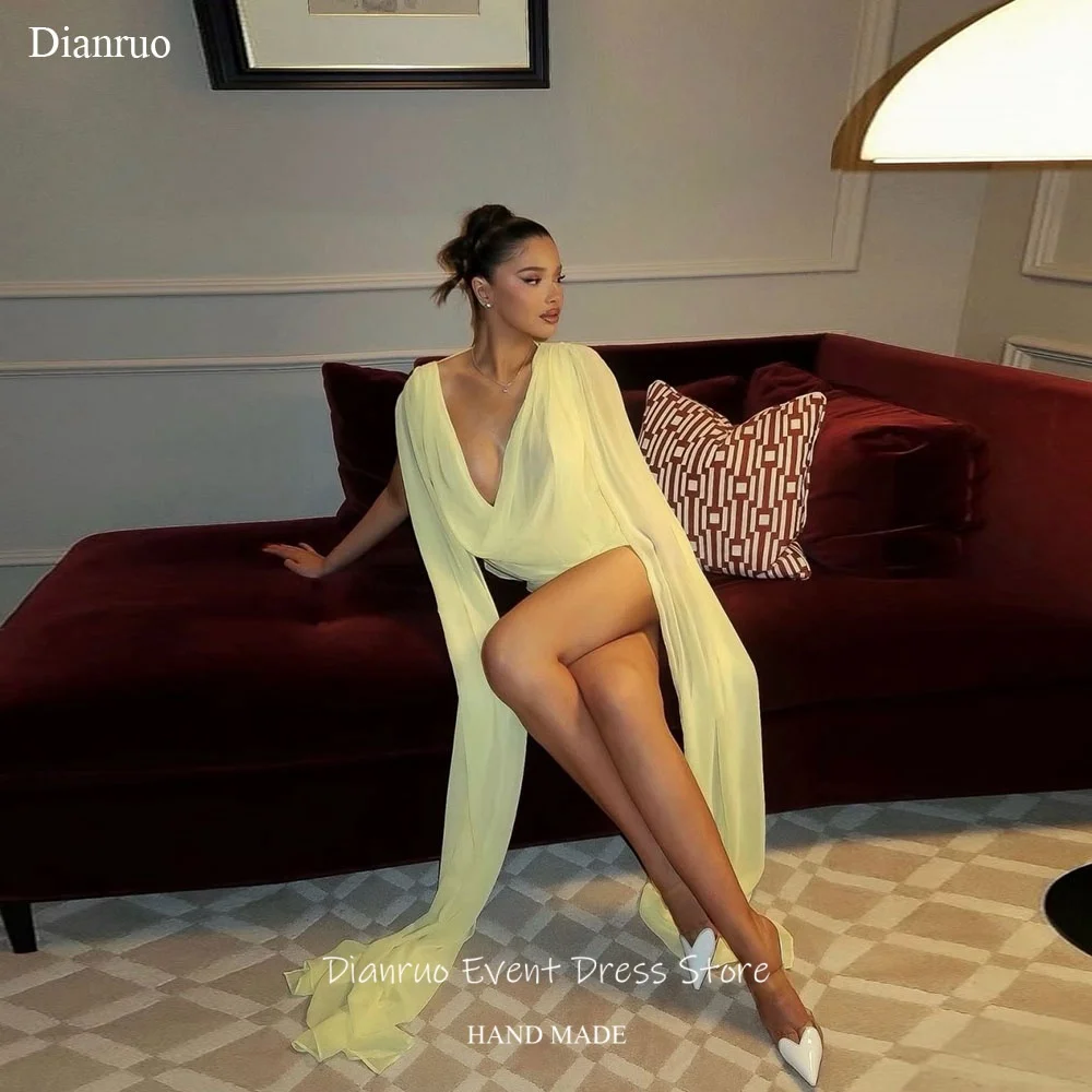 

Dianruo Deep V Neck Chiffon Prom Dresses Bright Sunny Charm Mini 2026 Evening Gowns Dreamy Bodycon Celebrity Dresses Customized