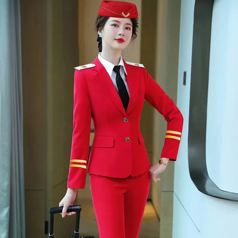 

Airline Stewardess Security Woman Long Sleeve Work Uniform Blue Red Pants Skirt Suits Professional Commuting Formal Clothing