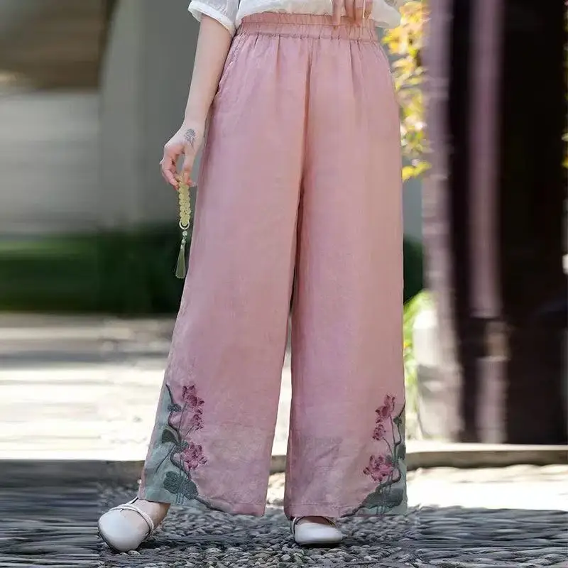 Pantalon rétro brodé en coton et lin pour femmes, jambes larges, léger, respirant, décontracté, été