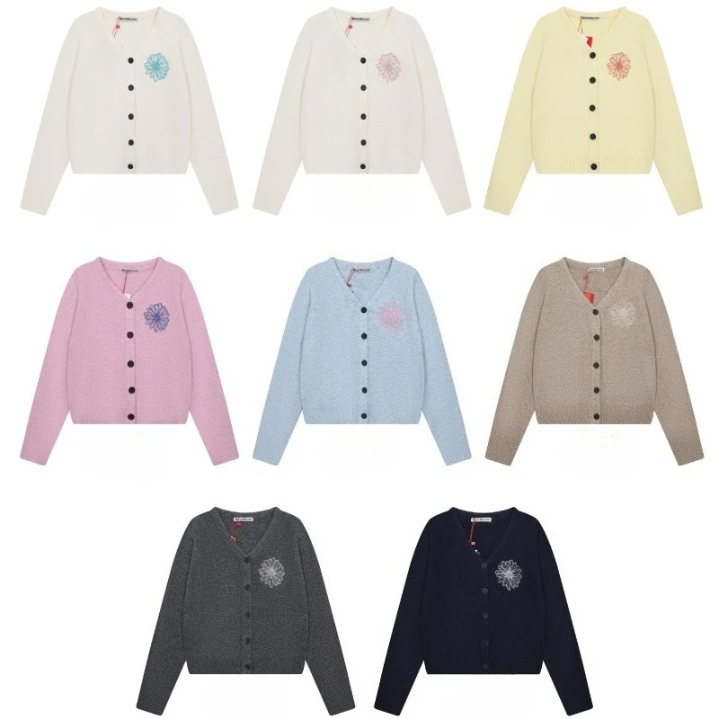 

Женский кардиган с вышивкой ромашки, v-образным вырезом и длинными рукавами, вязаный кардиган на осень-зиму, повседневные прогулки и путешествия