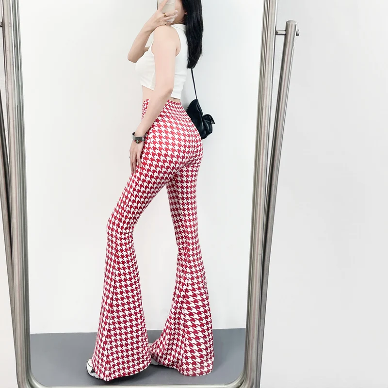 

Spring Summer New plus Size Slimming Floral Print Thin High Waist High Elasticity Bell Bottom Pants Bodycon Style Ultra Light