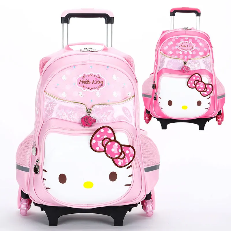 Miniso Hello Kitty Girls Trolley School Book Bags Pupils Children Travel Wheels Climbing Stairs Students 3 Rounds Gift Grade 1-5