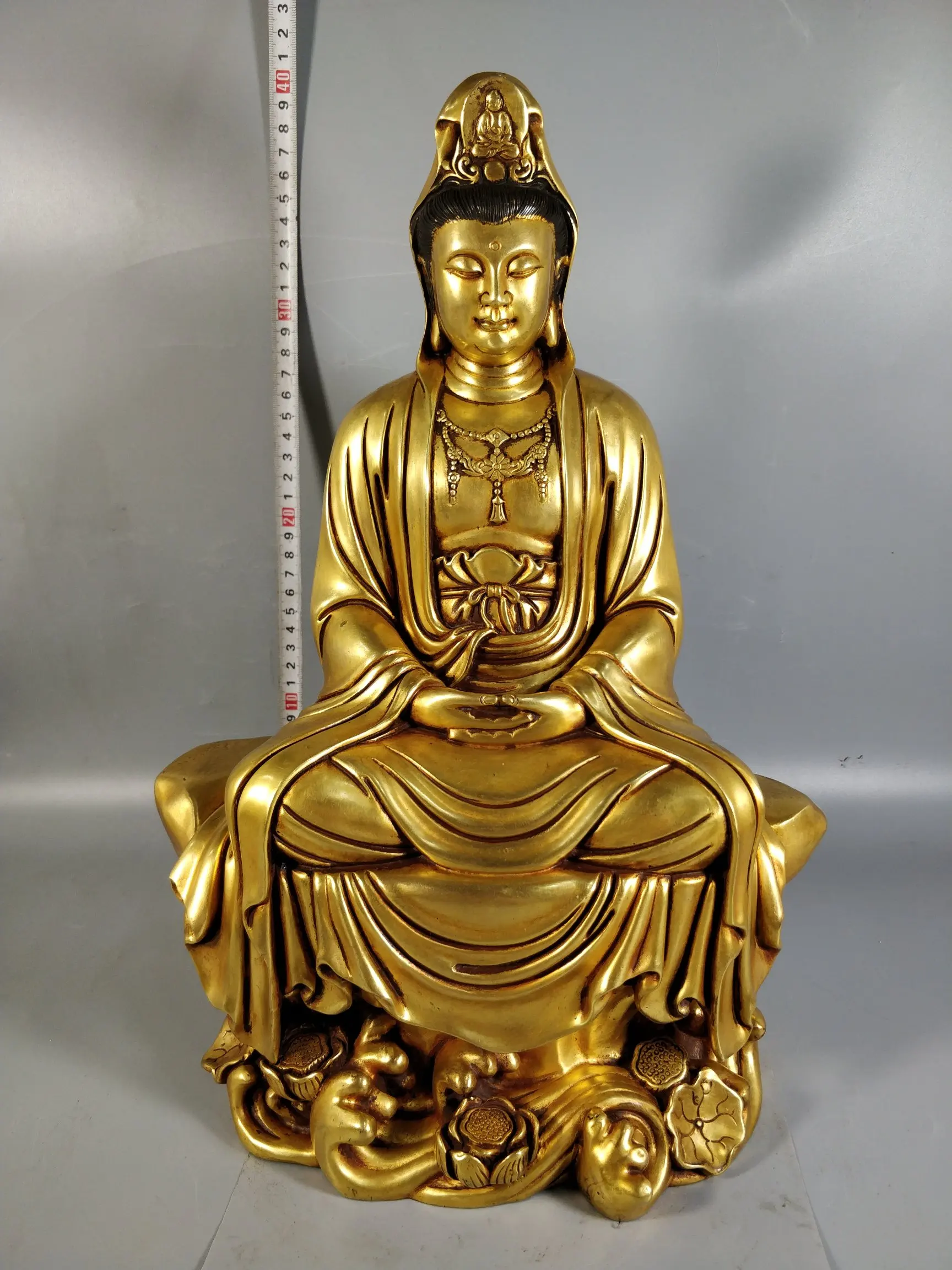 FREE SHIPPING 40 CM Red copper 24K gold plated Ziguanyin Bronze Statue