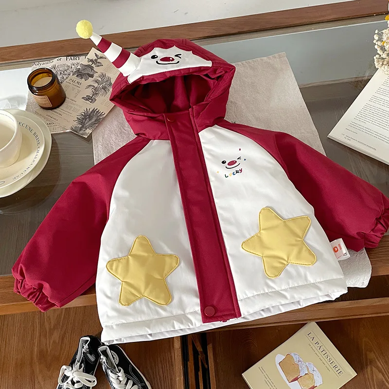 

Christmas Kids Baby Boys Parkas Hooded Cartoon Printed Toddler Boys Windproof Jacket Thick Warm Children 1-6Y Boy Outerwear Coat