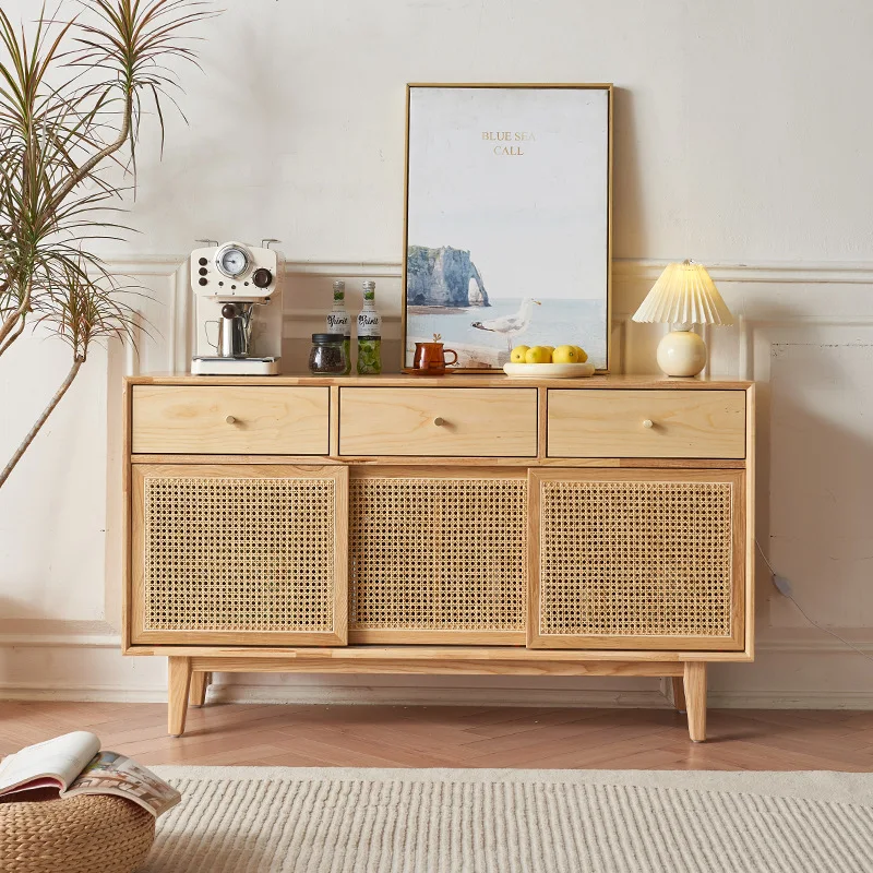 

Nordic solid wood sideboard household modern simple log color rattan sideboard with drawer large capacity locker.