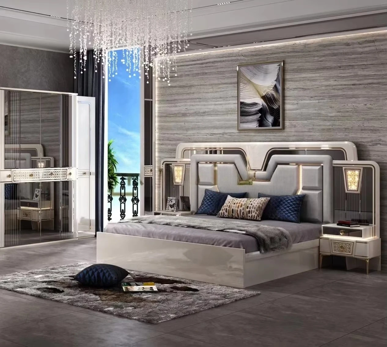 Newly Elegant Noble Style Mirrored Bedroom Set Furniture With LED Lighted