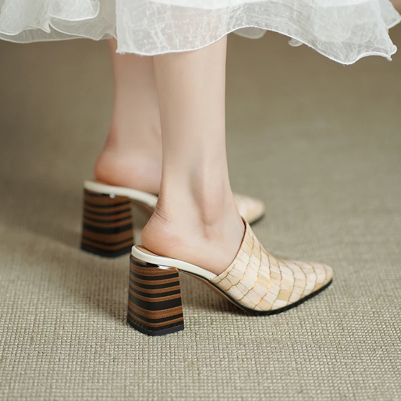 شباشب البغال النسائية ذات الكعب المربع حذاء نسائي بمقدمة مدببة عالي الجودة من جلد الغنم الطبيعي سهل الارتداء حذاء شبشب ربيعي #6