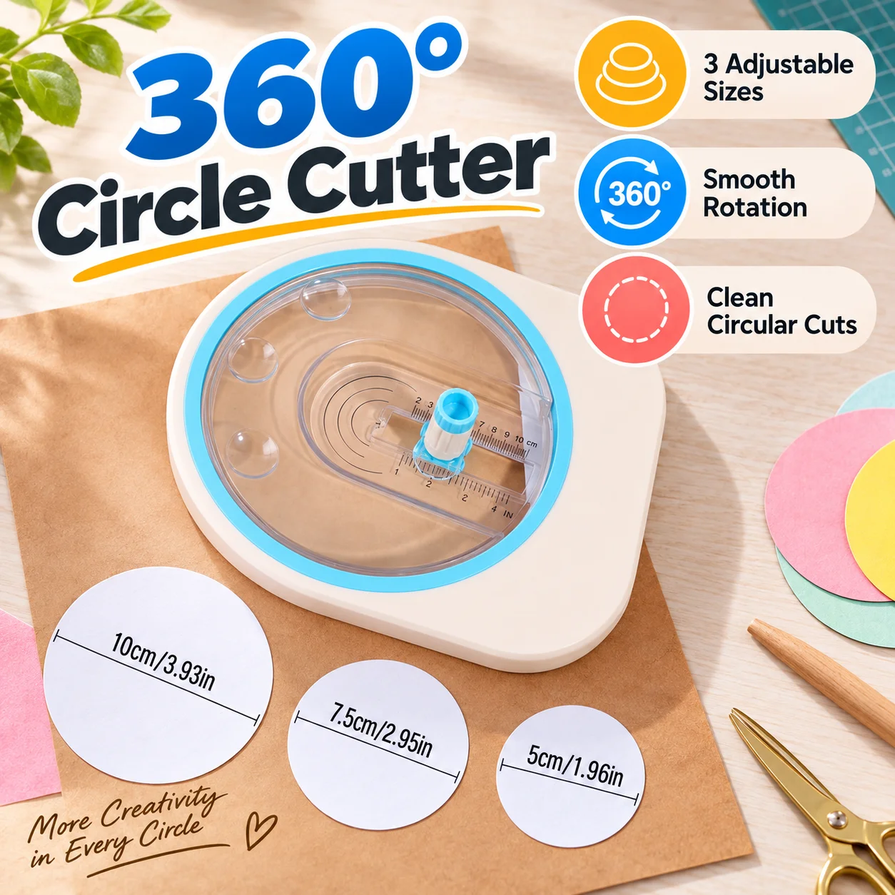 360 ° Drehbarer, kreisförmiger Papierschneider, in verschiedenen Größen verstellbar, ideal für DIY-Scrapbooking und Bastelarbeiten mit Karton. – Detail 2