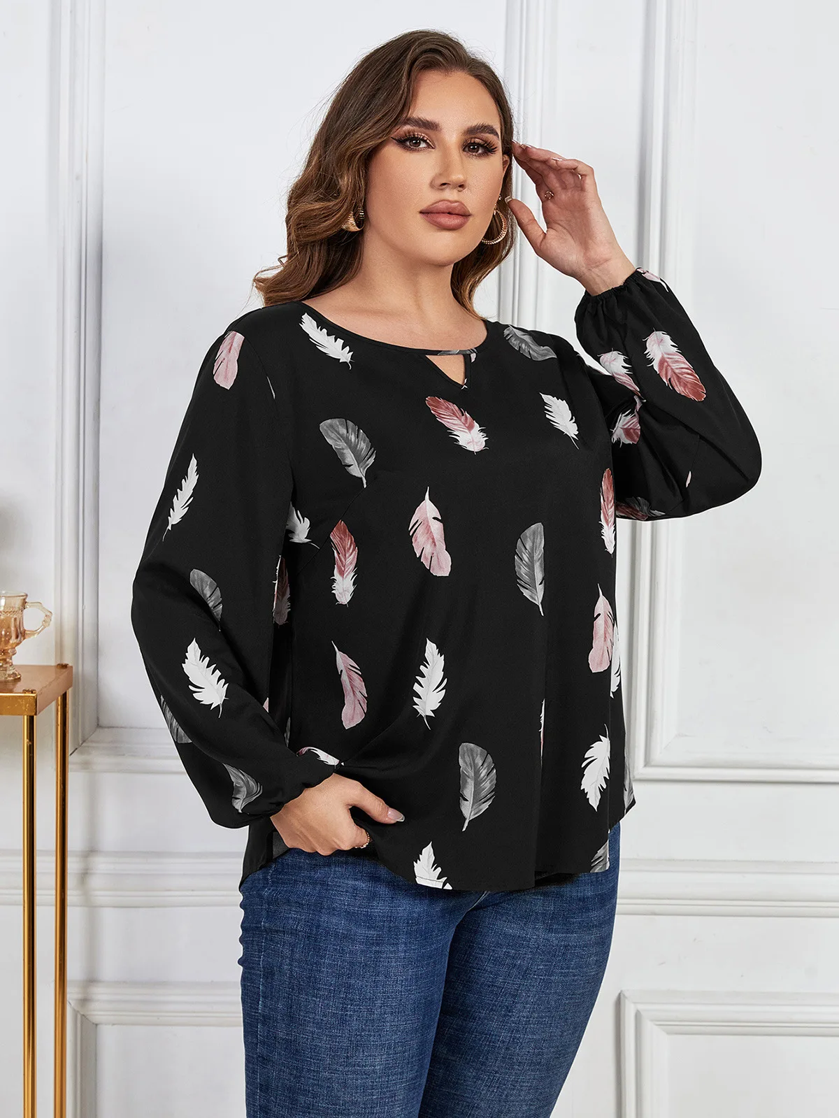 Plus Size Long Sleeve Black Shirt Blouse Oversized Women Clothing O Neck Autumn Spring Print Blouse Loose