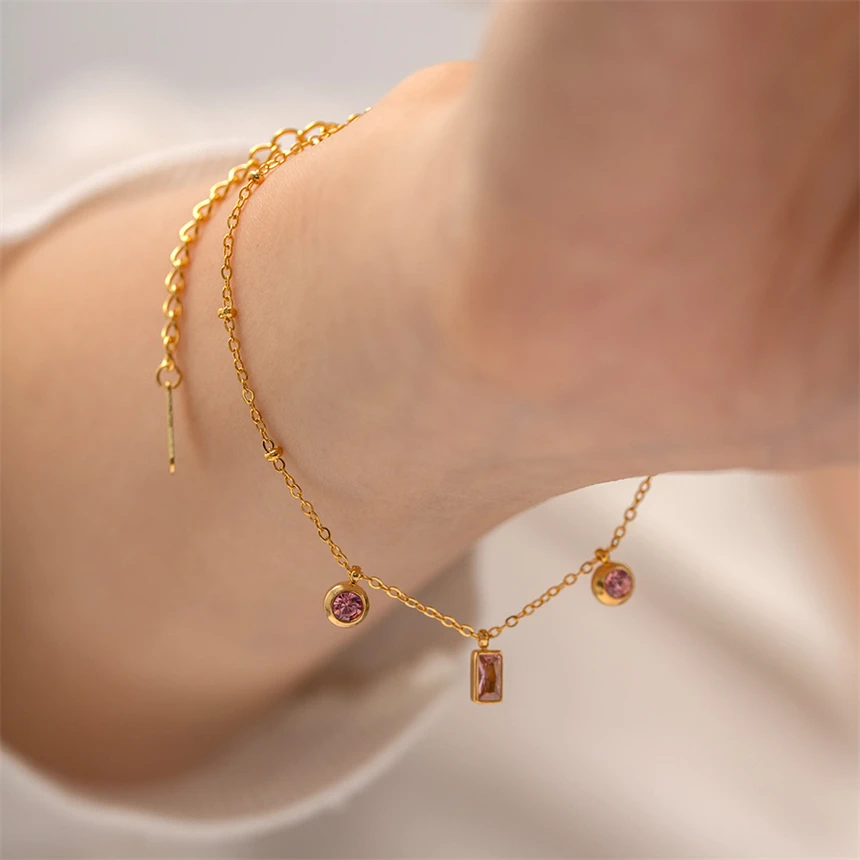 316L Stainless Steel Simplicity Pink Zircon Geometry Pendant Clavicular Chain Necklaces Bracelet Fashion High Jewelry Party Gift