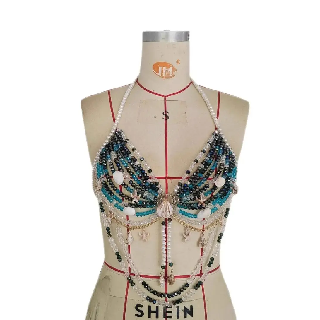 Mehrschichtiges, sexy Crop-Top mit Perlmuttmuschel, europäisches und amerikanisches Mode-Statement, Schnürung am Hals, Körperkette, Sommer-Layering-Outfit