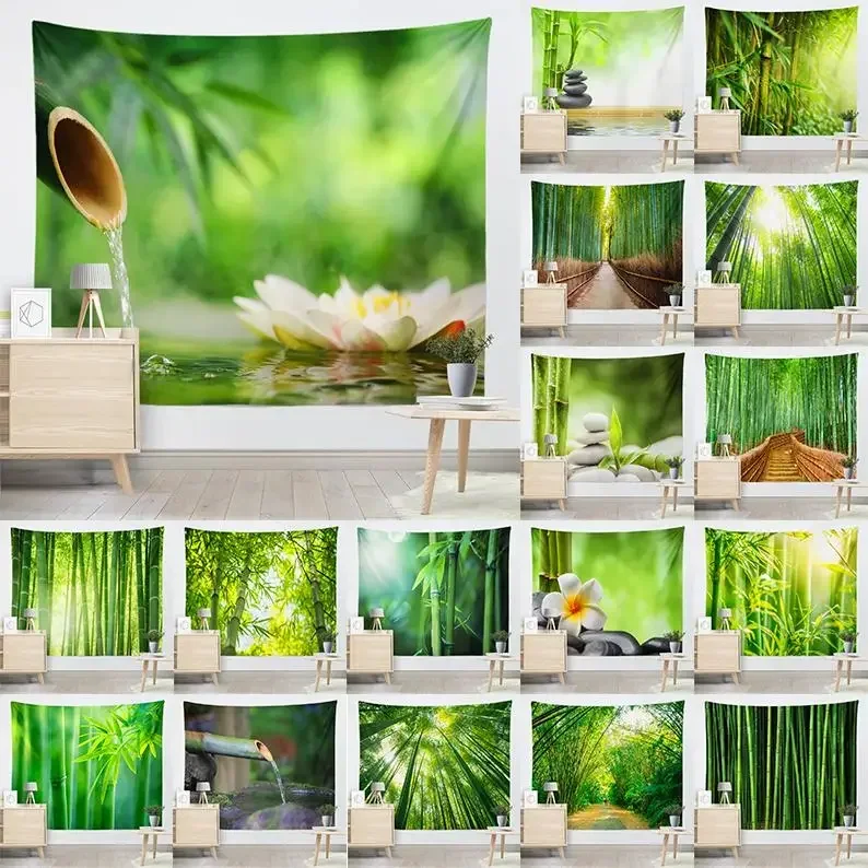 HD-Bamboo Forest Wall Hanging – Bright Nature Tapestry with Vibrant Greenery for Home Decor