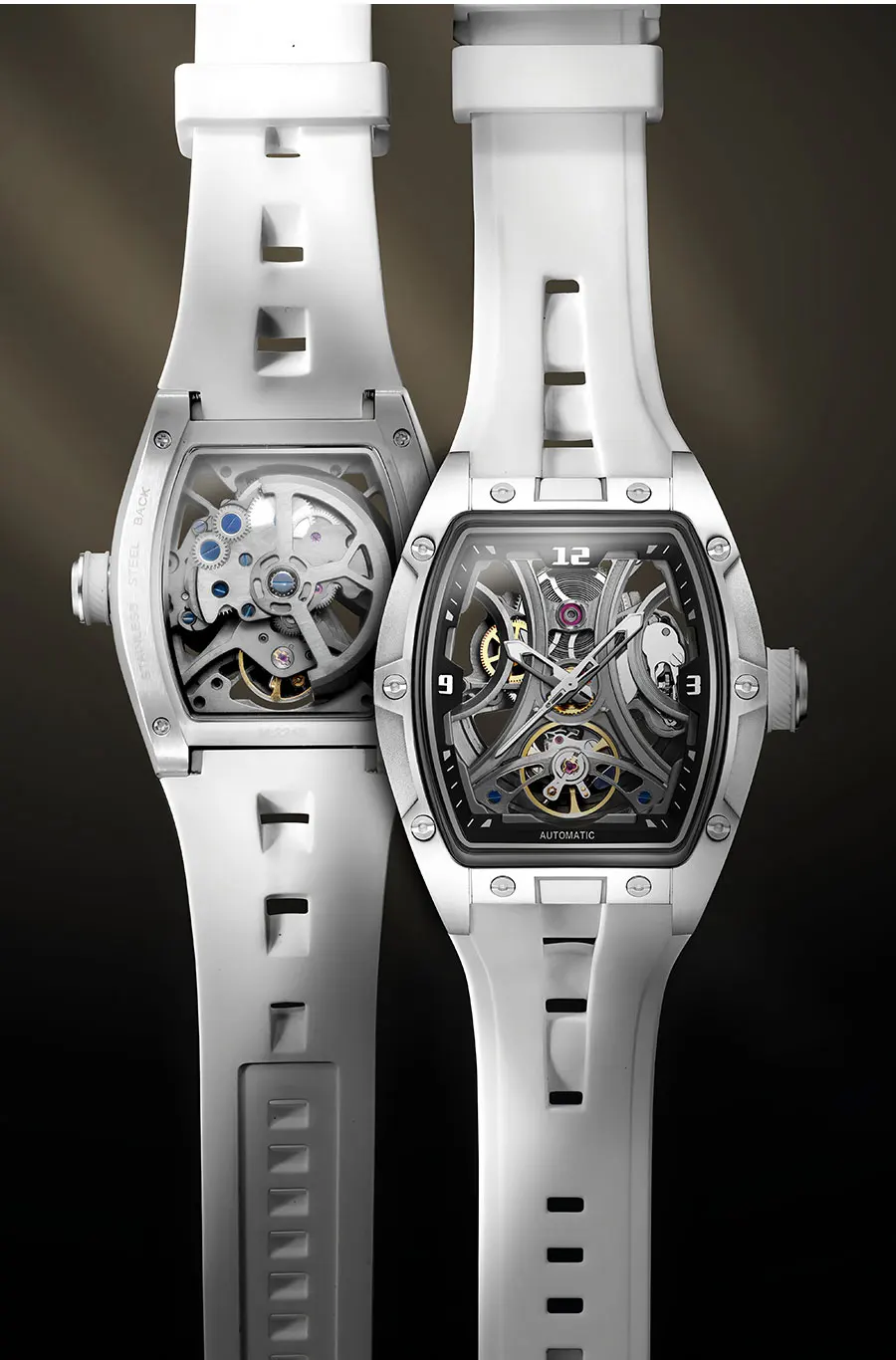 MEGIR Sport-Stil, automatische mechanische Uhr für Herren, voll hohl, transparentes Zifferblatt-Design, Edelstahlgehäuse, Silikonarmband – Detail 5