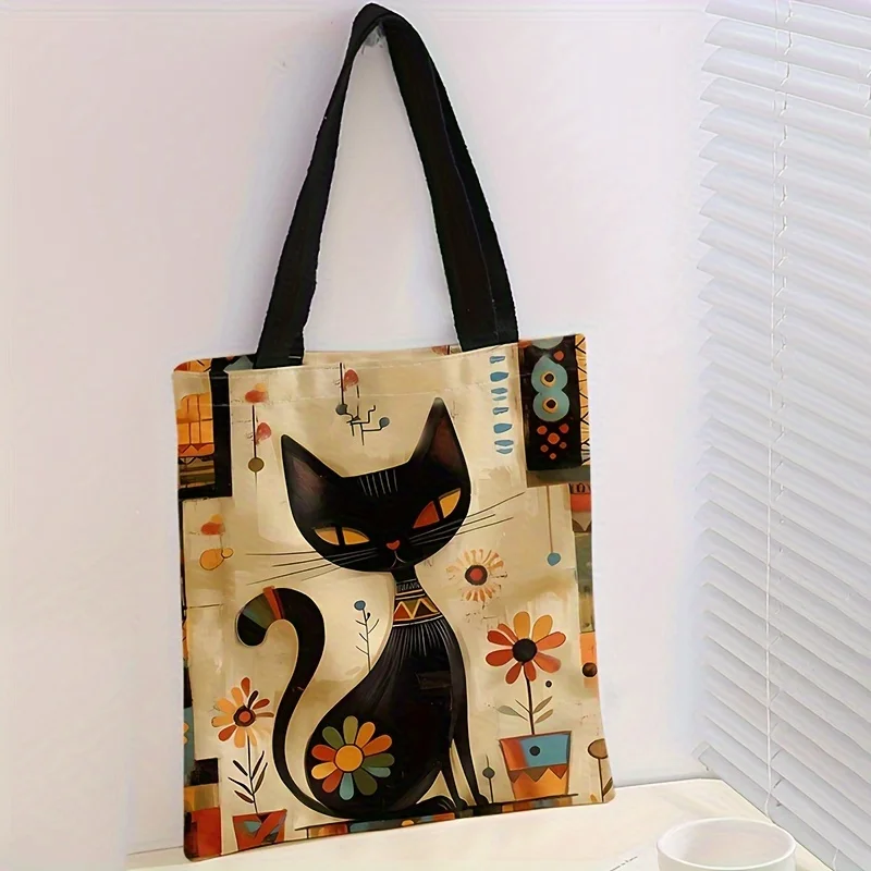 Egyptian Cat Print Tote Bag - Vibrant Floral & Geometric Pattern, Polyester Reusable Shopping Bag with Sturdy Handles