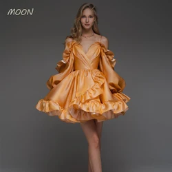 Moon Sweetheart Halter Long Sleeve skirt Pleated satin backless cocktail ball dress Girl graduation party formal evening dress