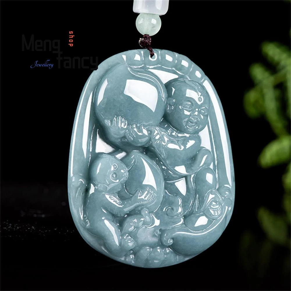 Natural A-goods Jadeite Blue Water Children Offer Spirit Monkey Longevity  Pendant Glutinous Seed Jade Stone Lovely Fine Jewelry