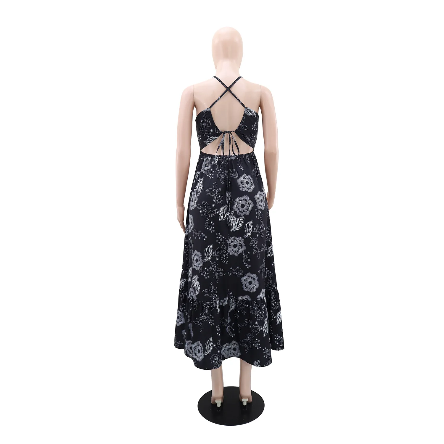 Ein elegantes, schulterfreies Neckholder-Kleid mit Urlaubsdruck für europäische und amerikanische Damen