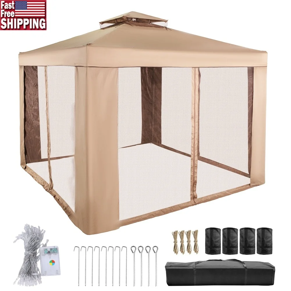 

Portable Outdoor Gazebo Canopy Tent 10x10 Waterproof Party Shelter with Sandbags Netting and String Lights Patio Garden Events