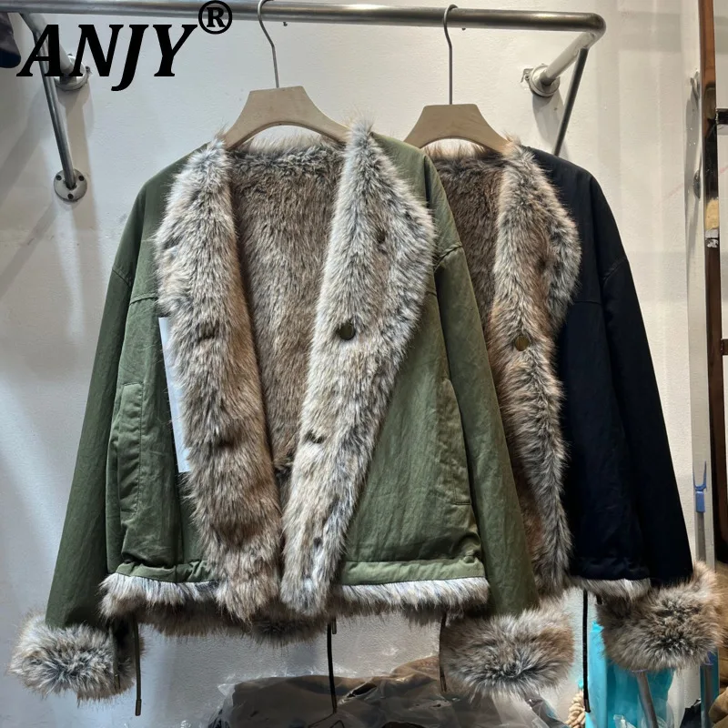 

ANJY 2025 Autumn Winter New Women Faux Fur Short Parka Fleece-Lined Thickened Warm Padded Coat Chic Ins Reversible Jacket A15258
