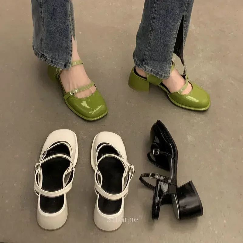 2024 메리 제인 신발 버클 펌프스, 여성용 두꺼운 힐, 우아한 얕은 스퀘어 토 신발, 야외 레이디 신발, 새로운 패션