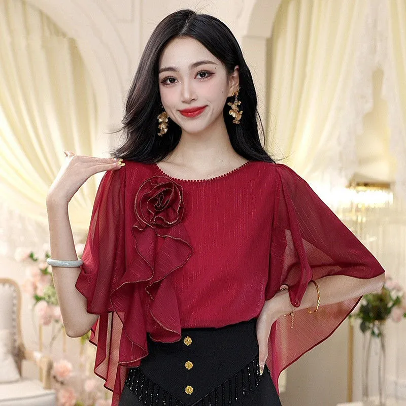 Limiguyue Wine Red Lace Chiffon Shirt for Women Ruffle Sleeve O
