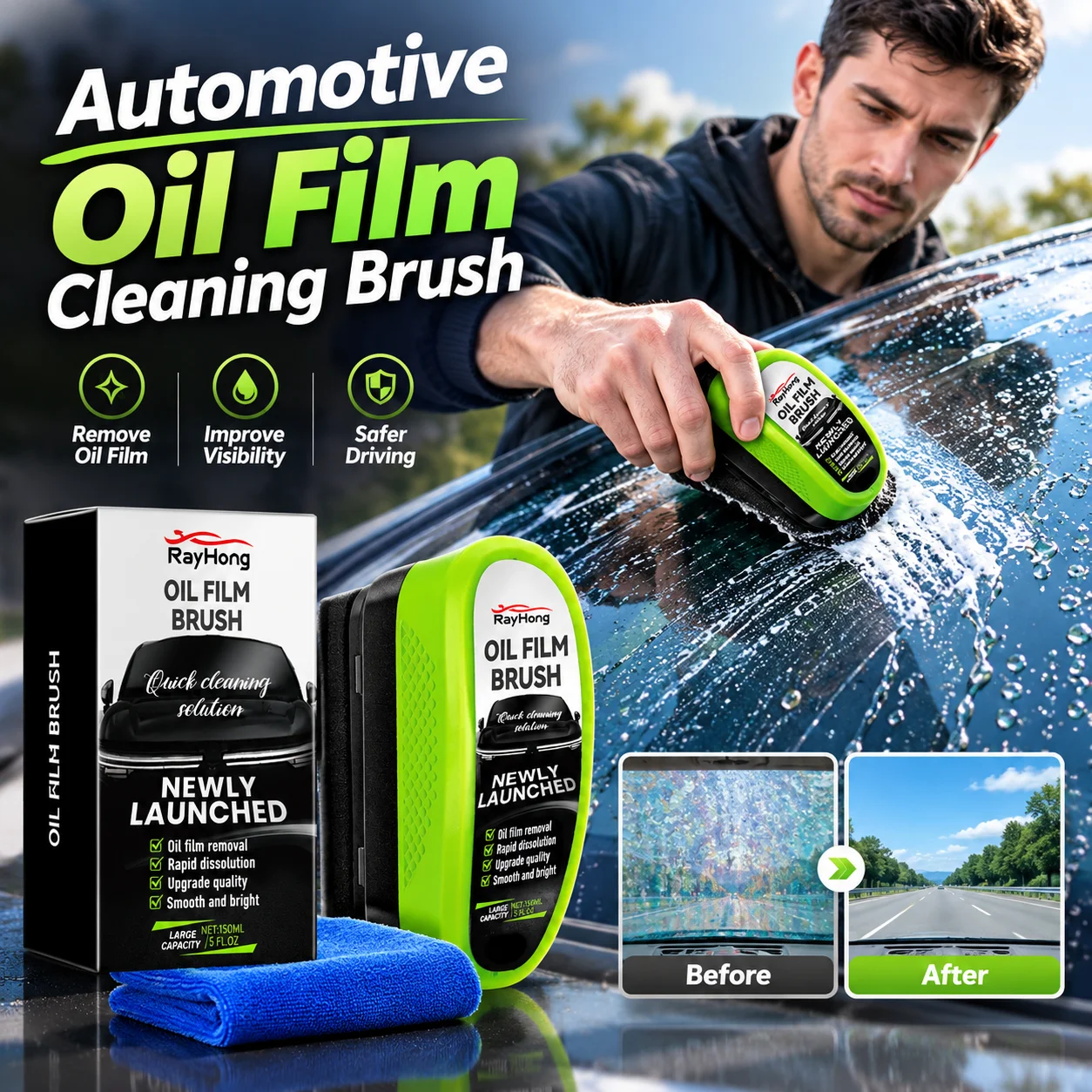 Auto Oil Film Cleaning Brush,Car Glass Oil Film Wipe,Front Windshield Side Window Oil Dirt Removal,Improve Clarity & Visibility