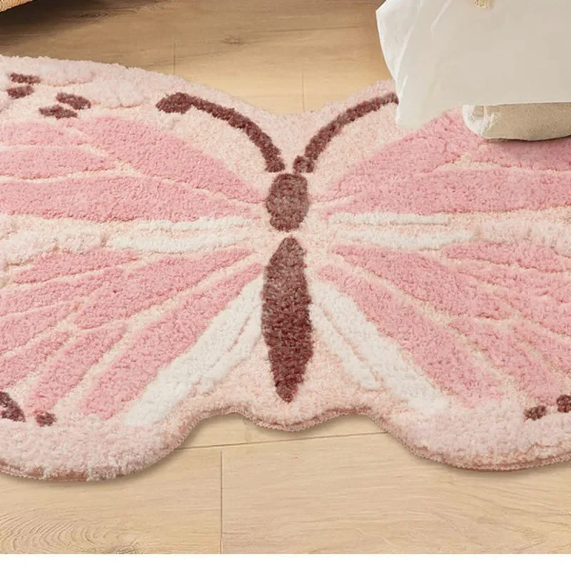 100x100cm Pink Butterfly Rug Plush Floor Mat Machine Washable Kawaii Bedroom Bedside Carpet Kids Room Cloakroom Decor