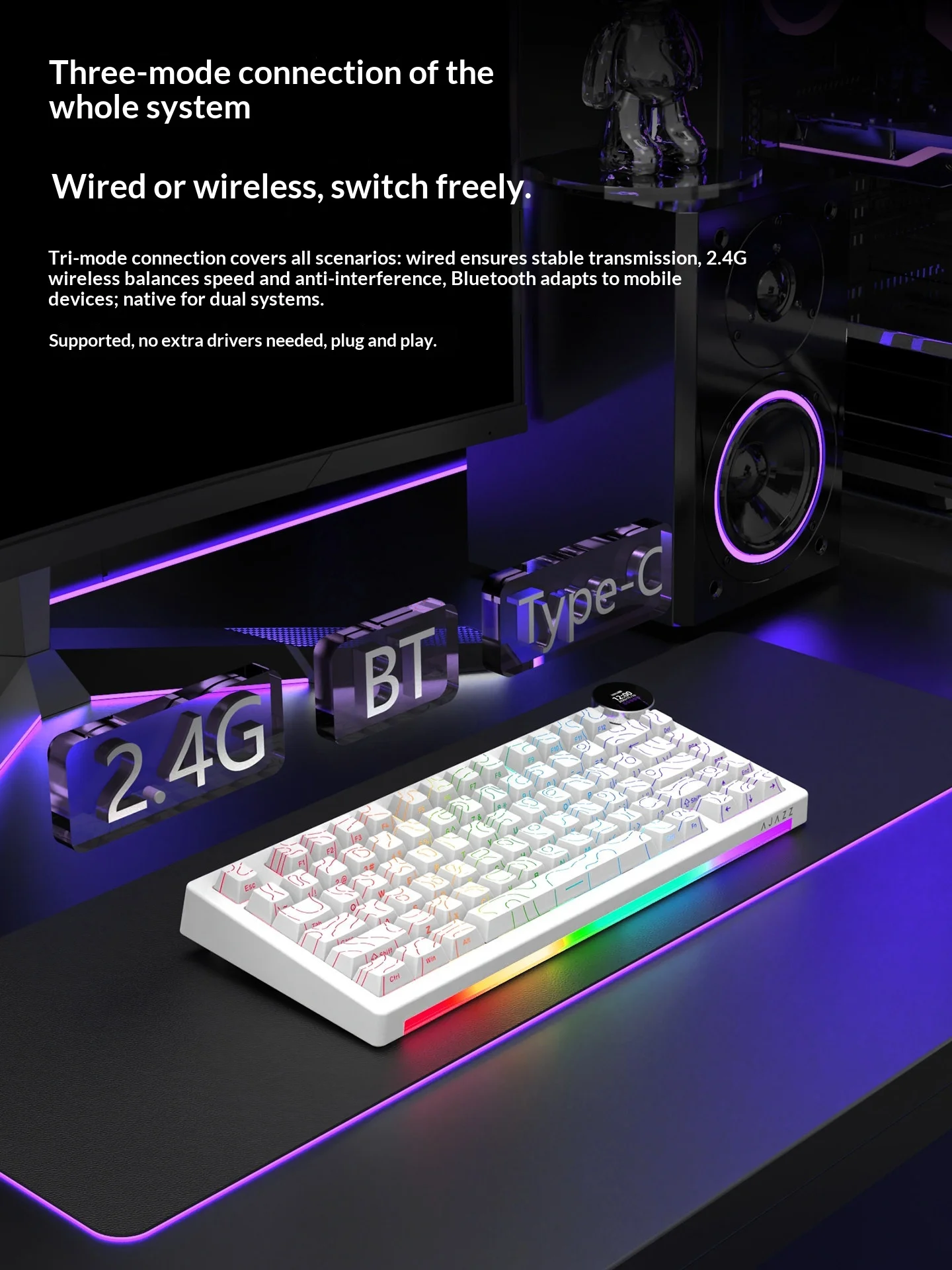 NEW AJAZZ AK820 V2/AK820 V2 ProTri Mode Gaming Mechanical Keyboard 75 Layout Dual 8K Polling Rate Hot Swap Wired 2.4G BT Gaming