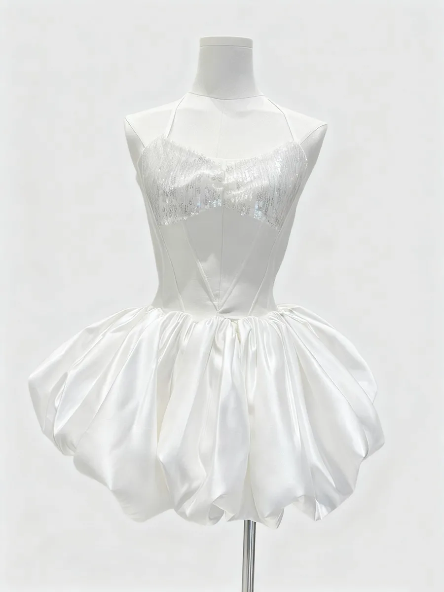 TWOTWINSTYLE Fashion Spliced Sequins Mini Dresses for Women Halter Sleeveless High Waist Patchwork Strap Elegant Dress Female